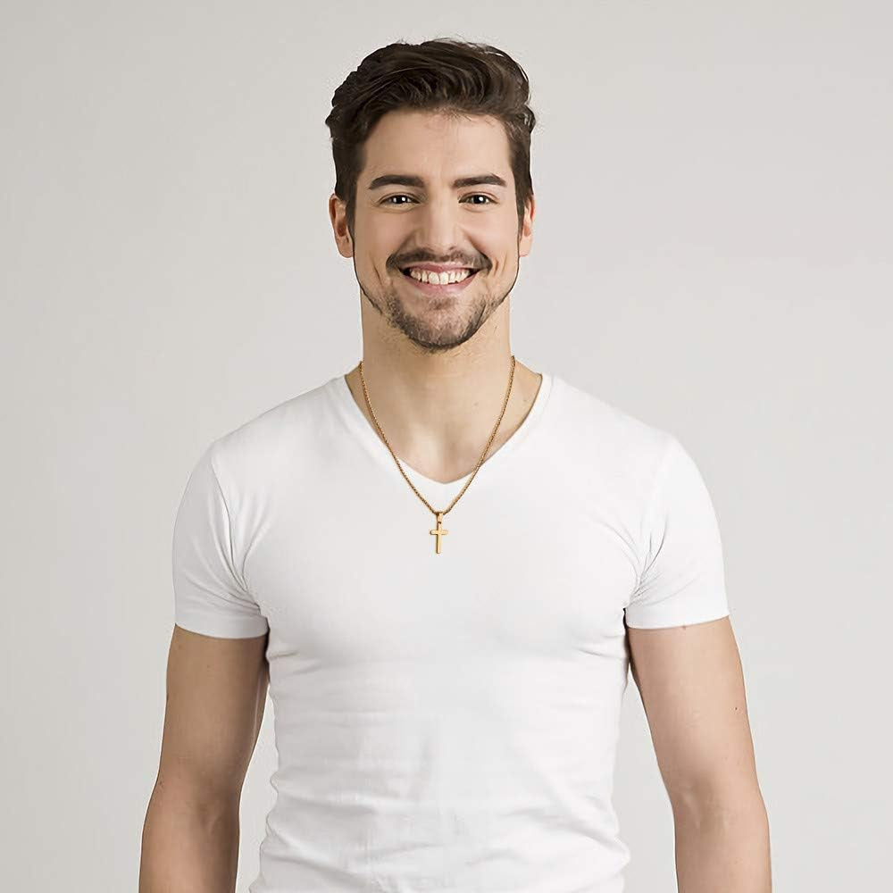 Gold Cross Pendant for Men Gold, Mens Cross Necklace Simple Cross Pendant Necklace Men'S Simple Jewelry Birthday for Men, Faith Cross Chain Necklace 24 Inch