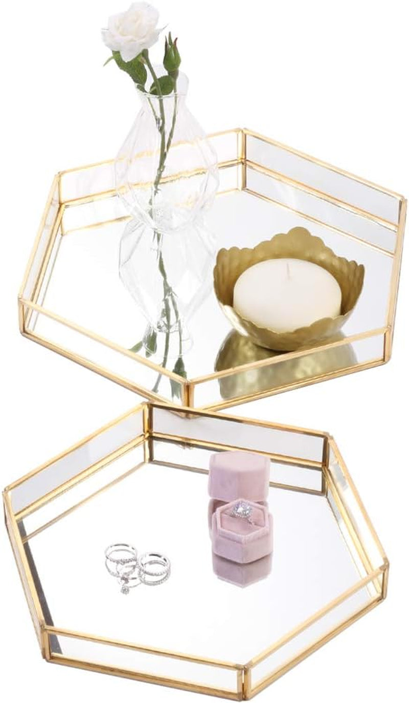 Gold Glass Mirror Hexagonal Trays Vanity Set of 2, Decorative Mirrored Hexagon Trays for Coffee Table