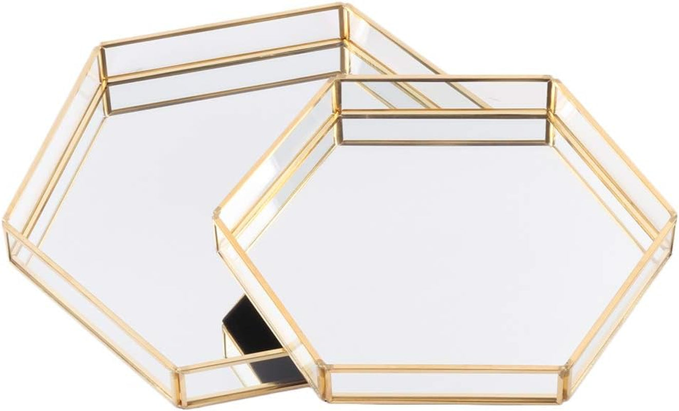 Gold Glass Mirror Hexagonal Trays Vanity Set of 2, Decorative Mirrored Hexagon Trays for Coffee Table