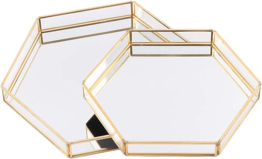 Gold Glass Mirror Hexagonal Trays Vanity Set of 2, Decorative Mirrored Hexagon Trays for Coffee Table