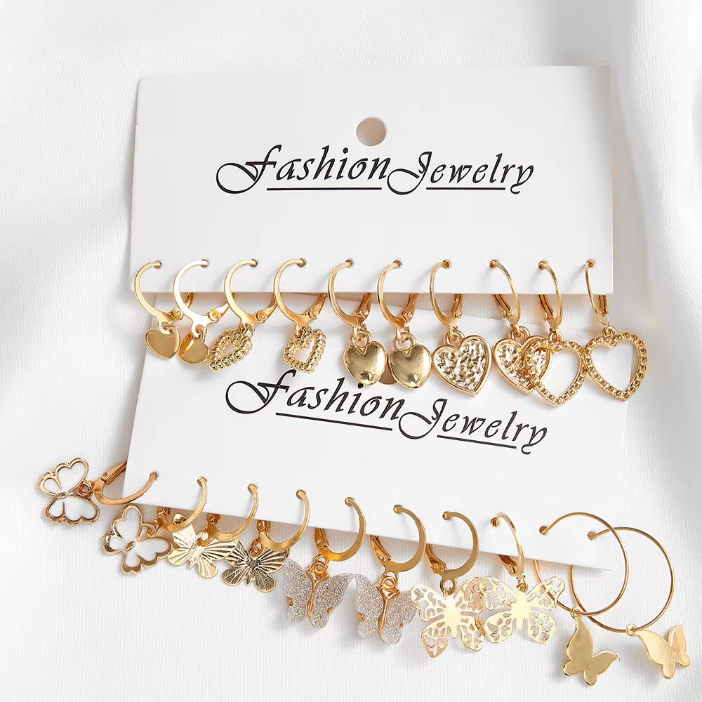 10Pcs Women Earrings New Creative Simple Fashion Temperament Hollowed-Out Butterfly Love Earrings Gold-Color Earrings