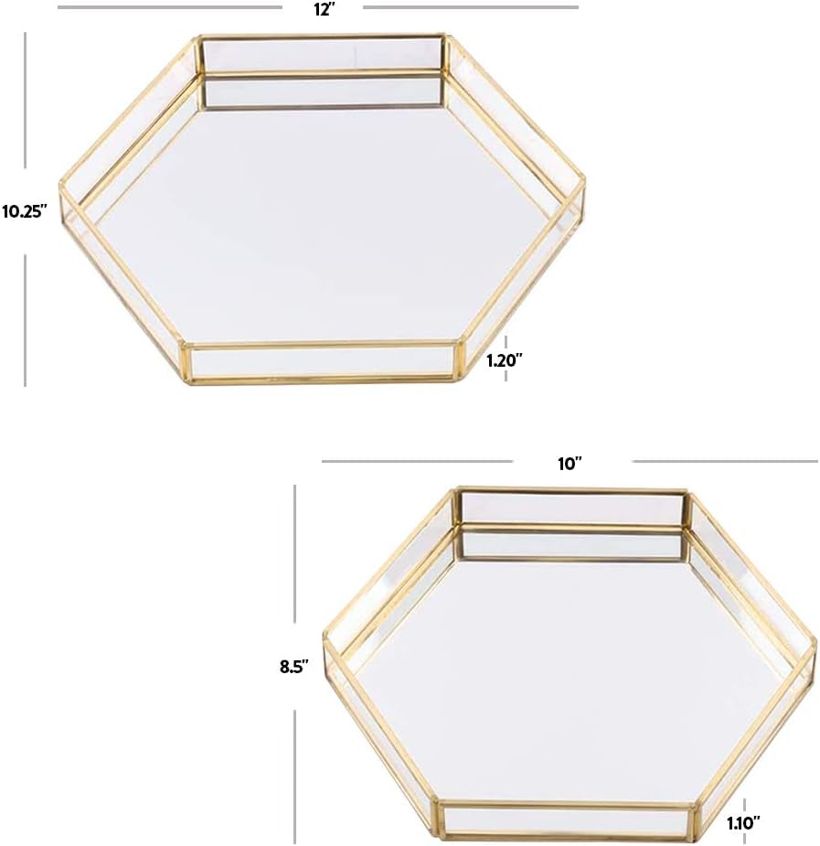 Gold Glass Mirror Hexagonal Trays Vanity Set of 2, Decorative Mirrored Hexagon Trays for Coffee Table